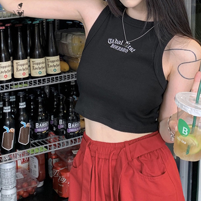 Áo croptop CRLNHC không tay cổ tròn thêu chữ thời trang mùa hè cho nữ