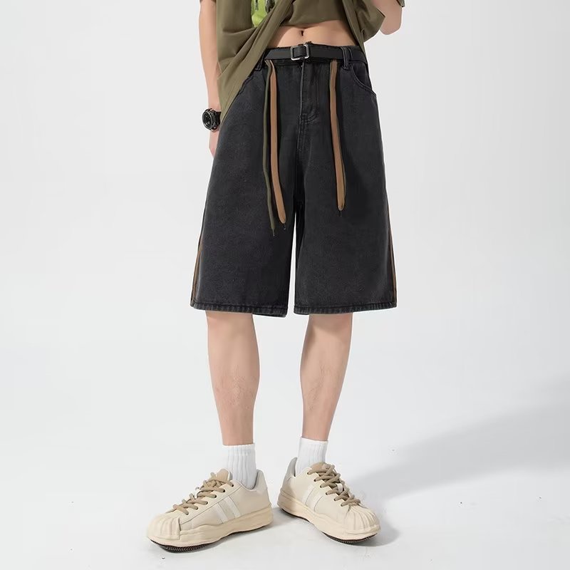 Quần Short Denim Mỏng Màu Đen Phong Cách Retro Mỹ Thời Trang Cao Cấp Cho Nam