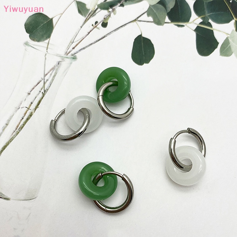 < Yiwuyuan > Khuyên Tai Thả Tròn Bằng Thép Titan Đính Ngọc Bích Phong Cách Vintage Cho Nữ