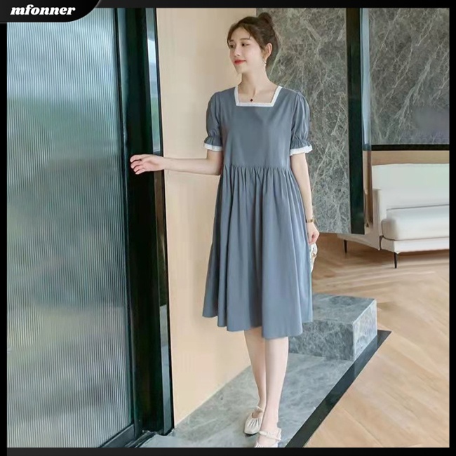 Đầm Midi Chữ A Tay Ngắn Cổ Vuông Dáng Rộng Màu Sắc Đơn Giản Thời Trang Mùa Hè Cho Nữ