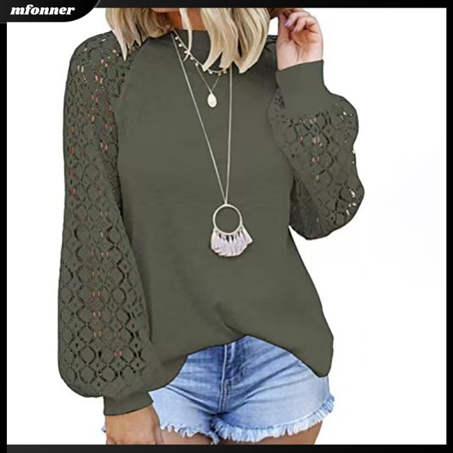 Áo Kiểu Tay Dài Phồng Phối Ren Lỗ Màu Sắc Trơn Thời Trang Cho Nữ