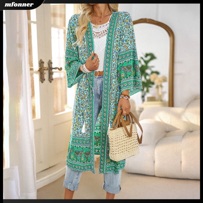 Áo Khoác Cardigan Mỏng Tay Lửng Dáng Rộng Cột Dây In Họa Tiết Thời Trang Cho Nữ