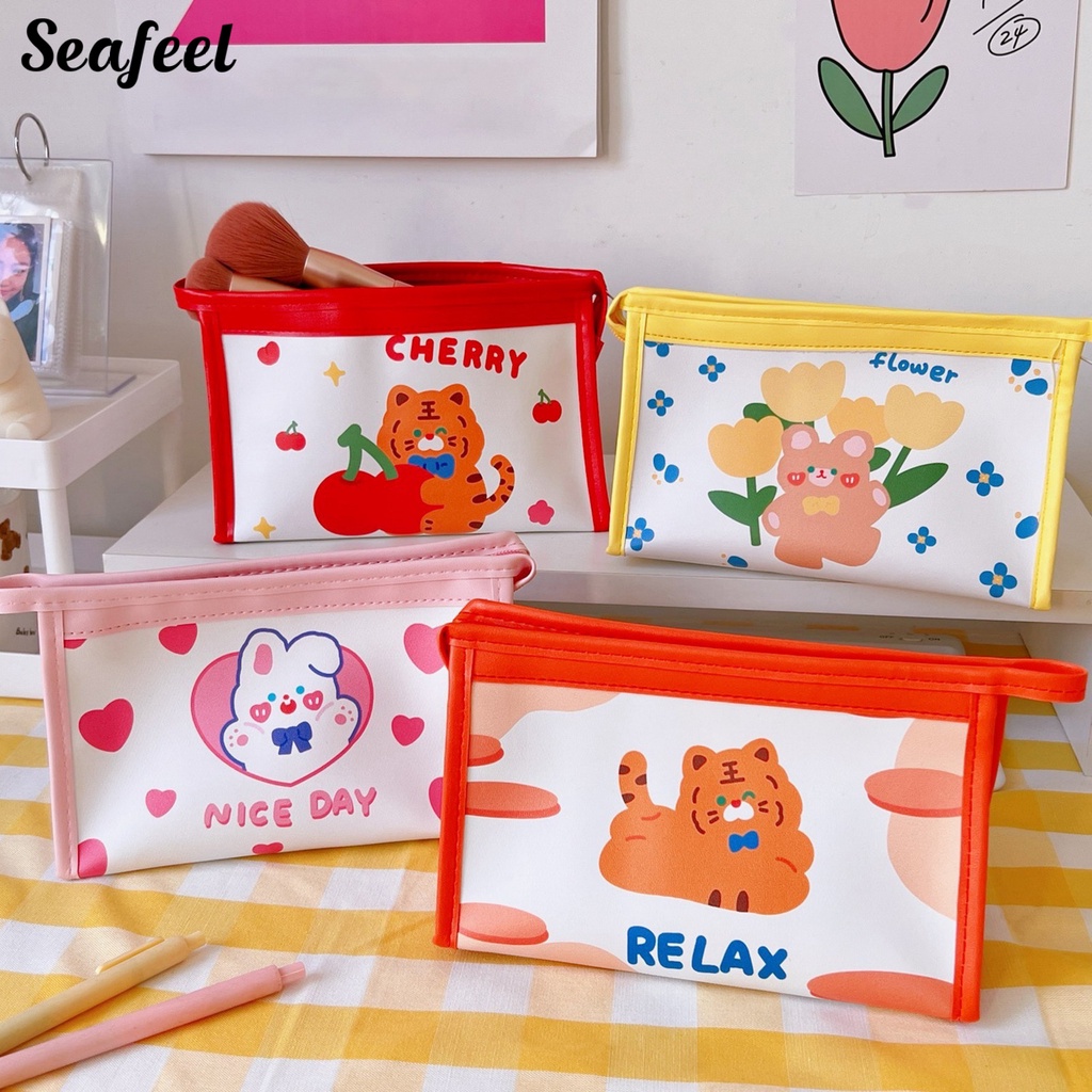 Bóp Viết Giả Da Sức Chứa Lớn Có Khóa Kéo In Họa Tiết Hoạt Hình Màu Sắc Sống Động Trang Trí Trường Học