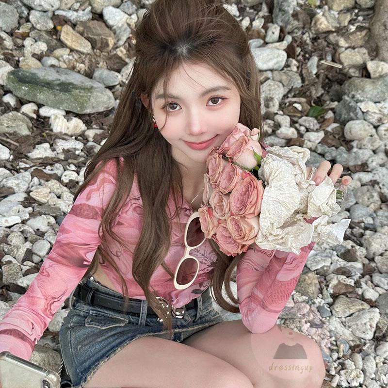 Áo Thun Tay Dài Cổ Tròn In Màu Nhuộm Phối Lưới Thời Trang Cho Nữ