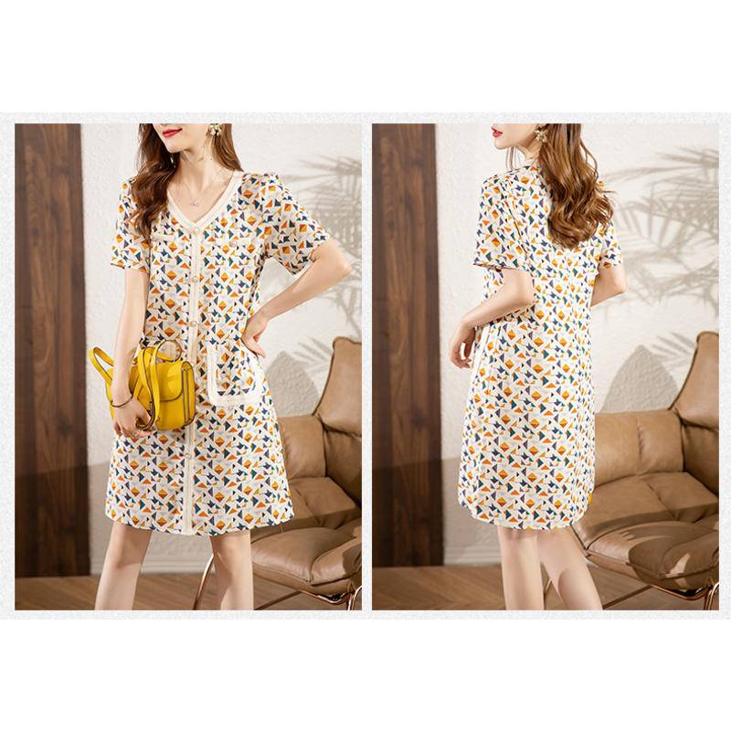 Đầm Ngắn Tay Cổ Chữ V Dáng Rộng In Họa Tiết Hoa Phong Cách Hàn Quốc Thanh Lịch Thời Trang Mùa Hè 2023 Cho Nữ 40KG-90KG