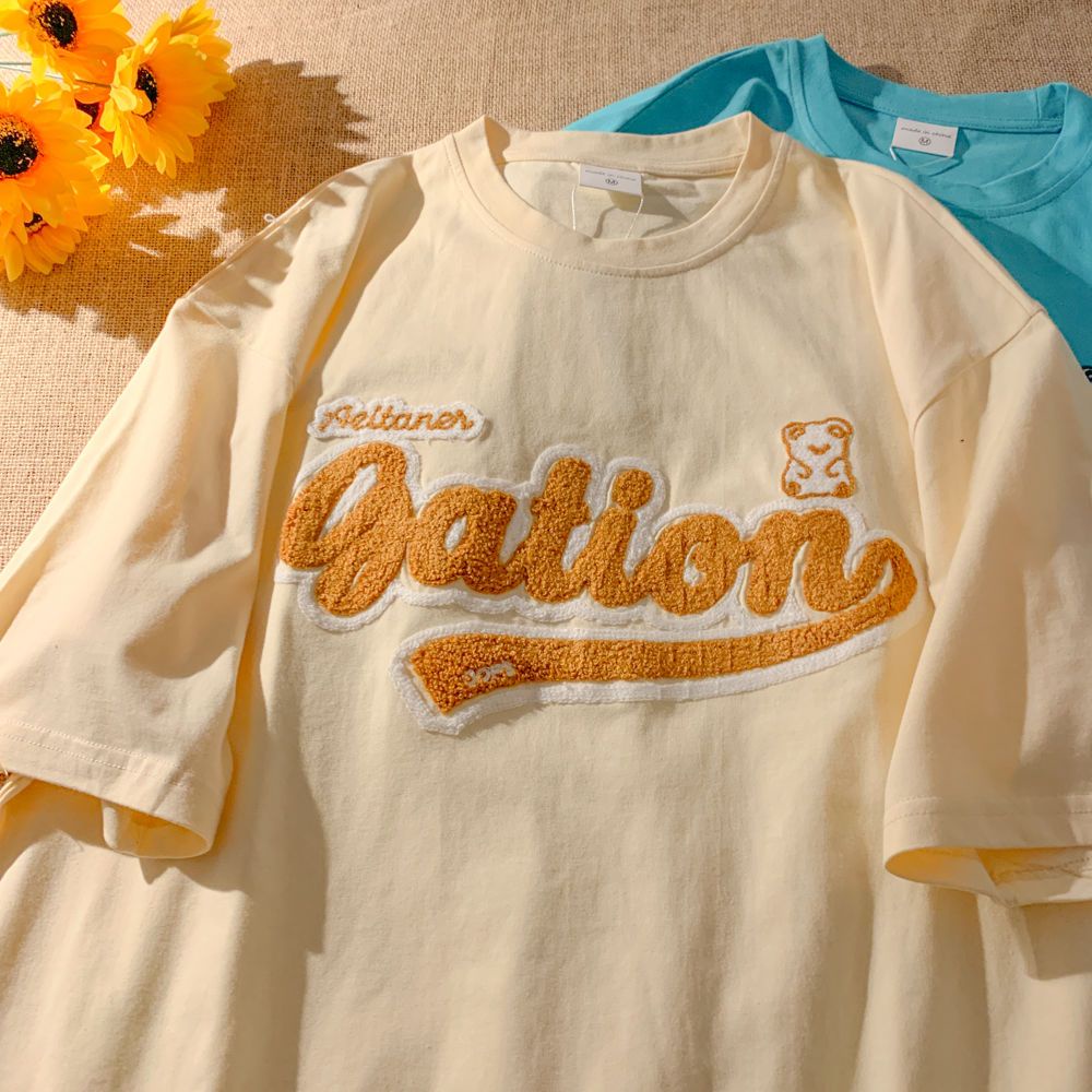 Áo Thun Ngắn Tay Dáng Rộng Thêu Chữ Thời Trang Mùa Hè Dành Cho Nữ