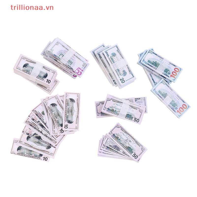 Set 100 Tờ Tiền Đô La 5 / 10 / 20 / 50 / 100 Trang Trí Nhà Búp Bê 1: 12