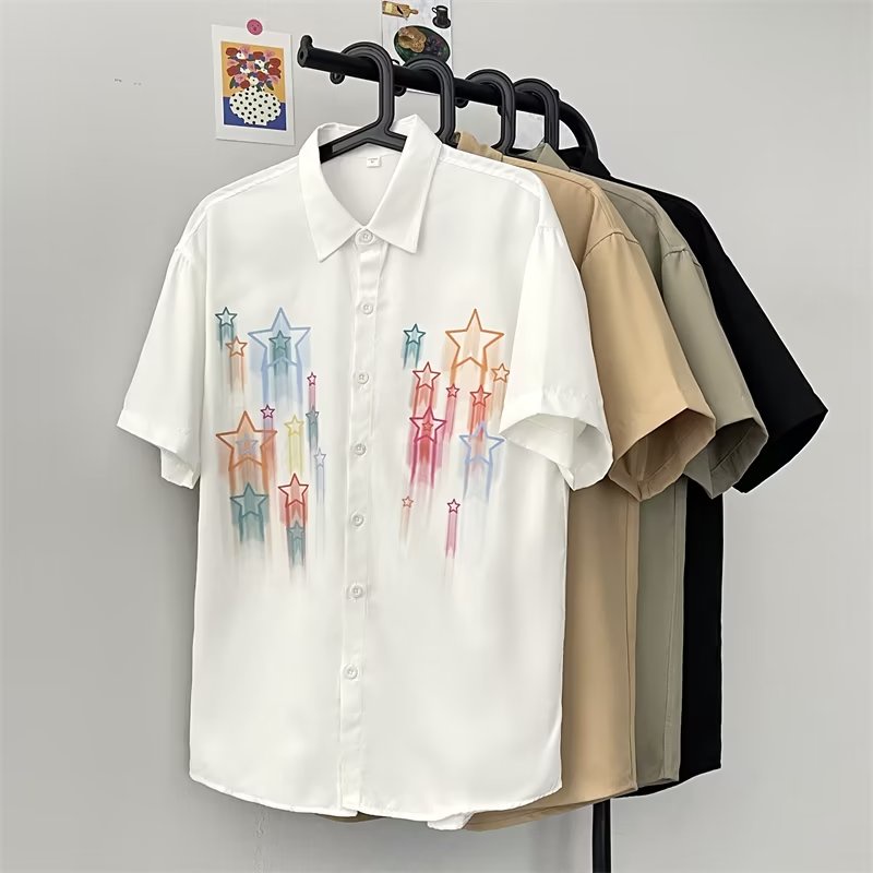 Áo Sơ Mi Ngắn Tay Cổ Đứng Họa Tiết Ngôi Sao Năm Cánh Phong Cách Đường Phố Mỹ Thời Trang Mùa Hè Cho Nam