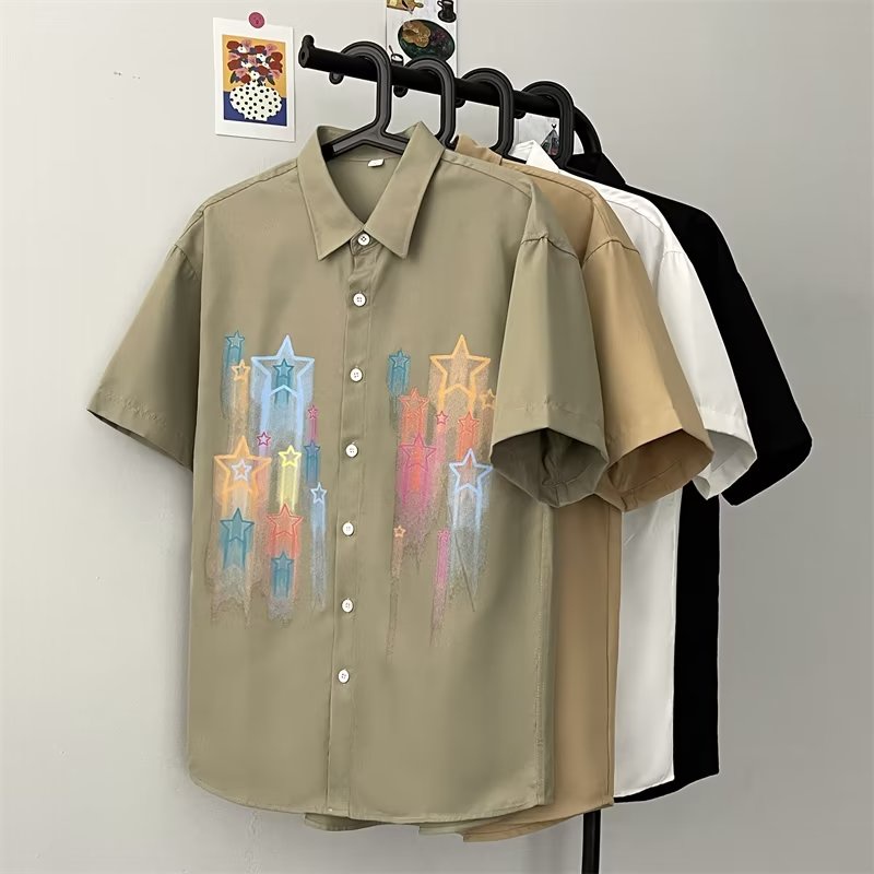 Áo Sơ Mi Ngắn Tay Cổ Đứng Họa Tiết Ngôi Sao Năm Cánh Phong Cách Đường Phố Mỹ Thời Trang Mùa Hè Cho Nam