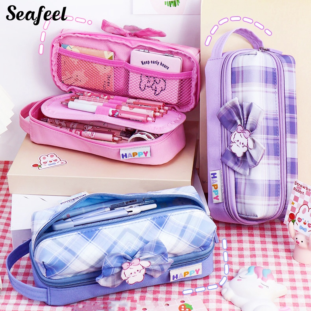 Túi Đựng Bút Hai Ngăn Đính Nơ Sức Chứa Lớn Phong Cách Đại Học