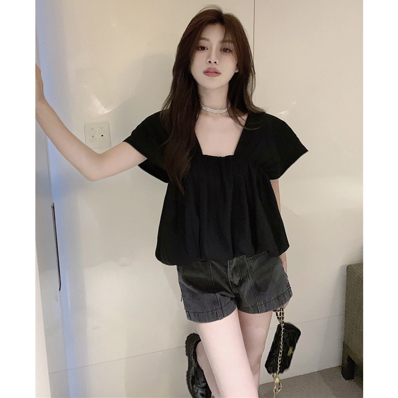 Áo Thun Tay Ngắn Cổ Vuông Màu Sắc Đơn Giản Cho Nữ