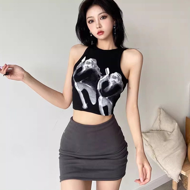 Áo Croptop Sát Nách Cổ Tròn Phong Cách Retro Mỹ