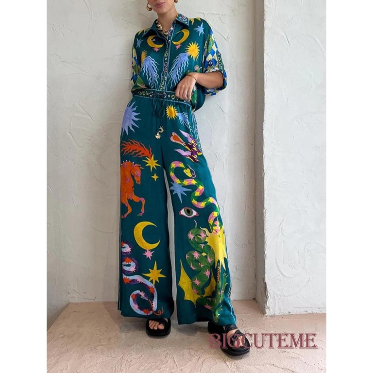 Set Áo Sơ Mi 2 Dây + Quần Dài Cài Nút In Họa Tiết Phong Cách Đường Phố Cá Tính Cho Nữ