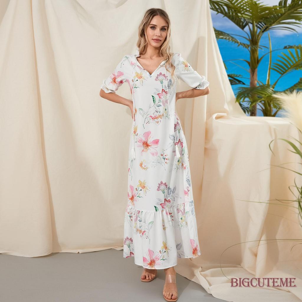 Đầm Dài Dáng Rộng Tay Ngắn Cổ Chữ V In Họa Tiết Hoa / Đồ Họa Thời Trang Mùa Hè Xinh Xắn Cho Nữ