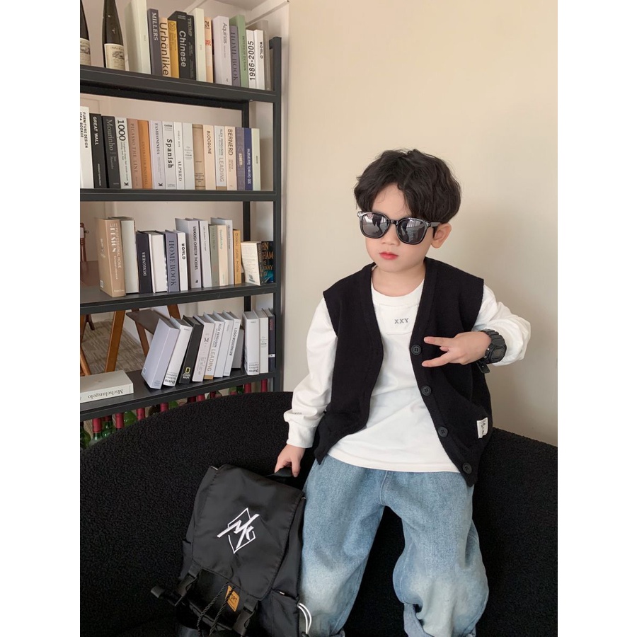 Áo Cardigan Dệt Kim Cổ Tròn Không Tay 90-150cm Phong Cách Nhật Bản Cho Bé Trai