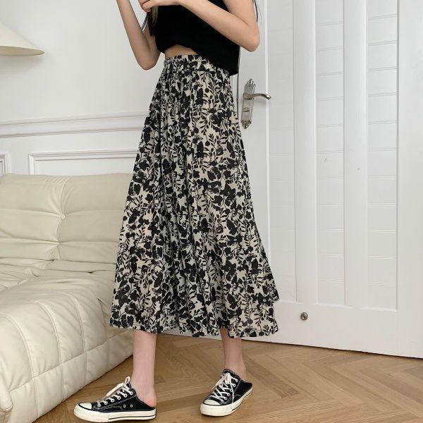 Chân Váy Midi Chữ A Lưng Cao Xếp Ly Họa Tiết Hoa Vintage Dễ Phối Đồ