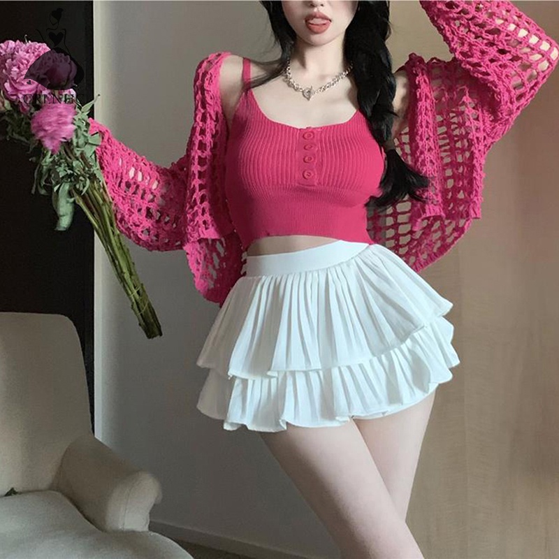 Áo Dệt Kim Sát Nách Dáng Rộng Màu Trơn Thời Trang Mùa Hè CRLNHC Y2k