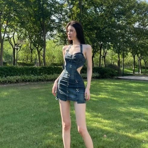 M583 - Đầm jeans denim hai dây mùa hè khoét eo tôn dáng