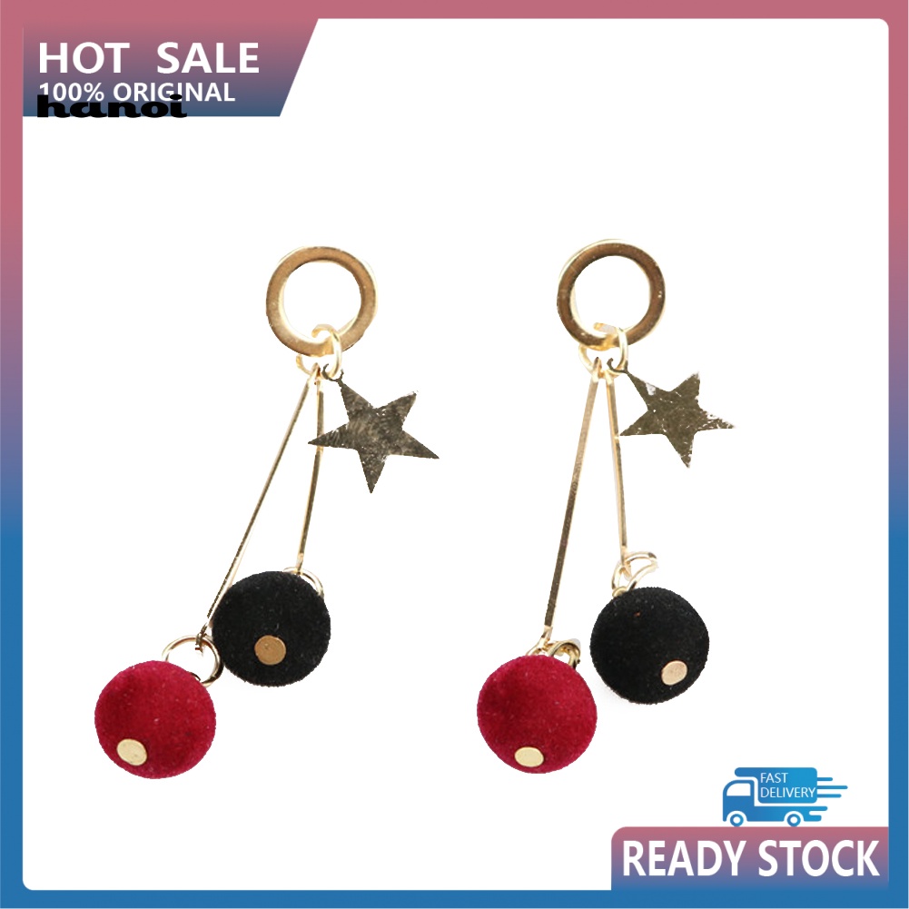 Khuyên Tai Dài Gắn Quả Cầu Lông Xù Và Ngôi Sao Đơn Giản Thanh Lịch Dành Cho Nữ