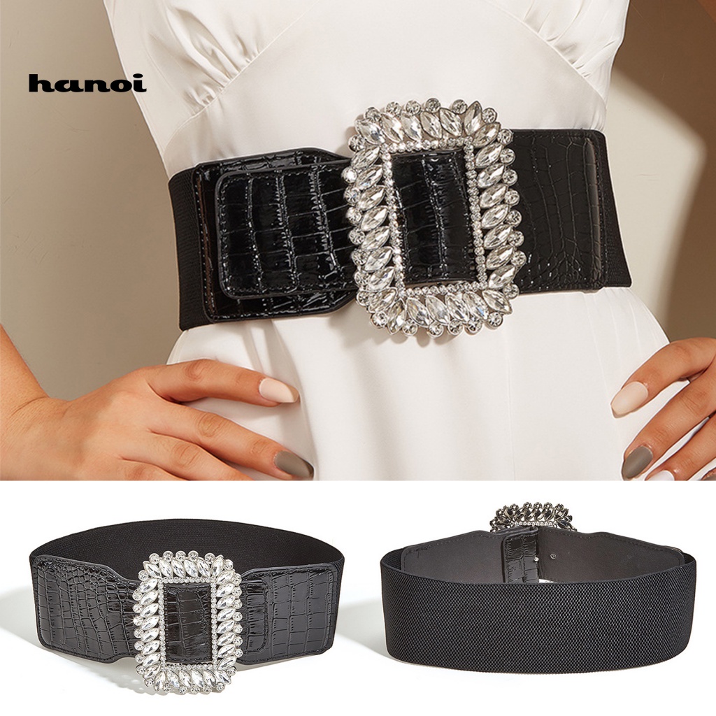 Thắt Lưng Giả Da Co Giãn Màu Trơn Đính Đá Thời Trang Cho Nữ