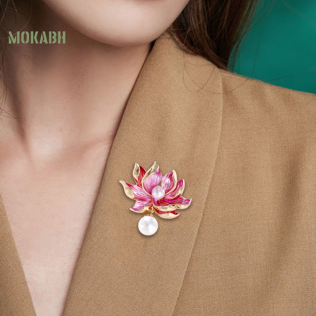 Ghim Cài Áo Hình Hoa Sen Đính Ngọc Trai Nhân Tạo Màu Tương Phản Sang Trọng