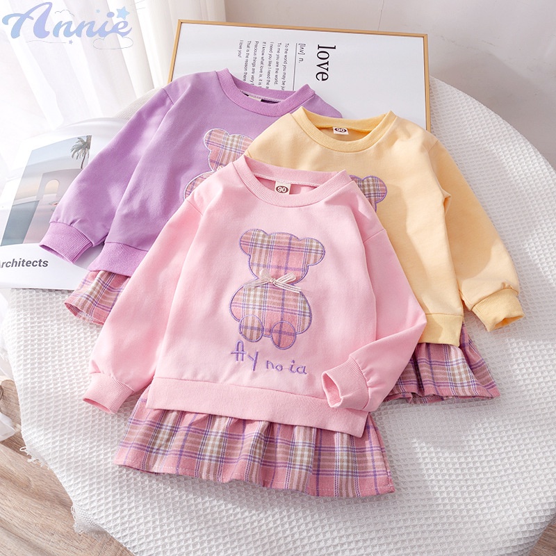 Đầm sweater Giả Hai Lớp Họa Tiết Sọc Caro In Hình Gấu Hoạt Hình Đáng Yêu Dành Cho Bé Gái