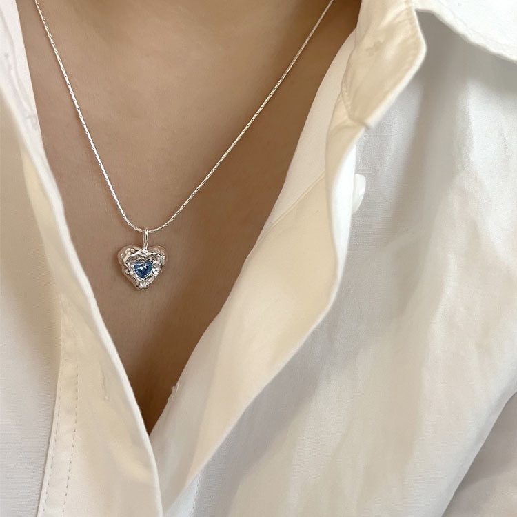 Vòng cổ Mặt Trái Tim Đính Đá Zircon Xanh Dương Phong Cách Hàn Quốc Ngọt Ngào Cho Nữ