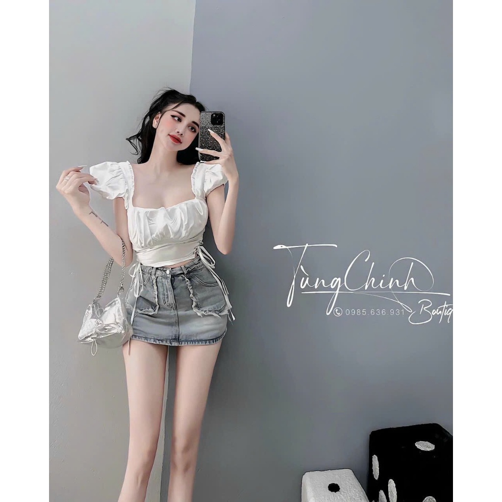 Áo Kiểu Nữ Tay Bèo Đan Dây Hai Bên Eo Xinh Xắn KXT0056