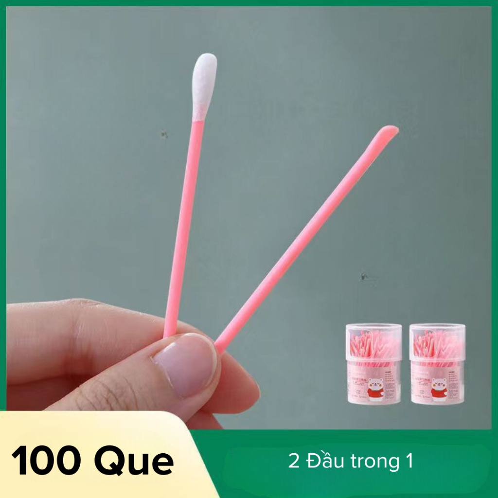 Hộp 100 Tăm Bông Cải Tiến 2 Đầu, 1 Đầu Lấy Ráy Tai, 1 Đầu Bông Thấm Hút Tốt, Không Sơ Bông