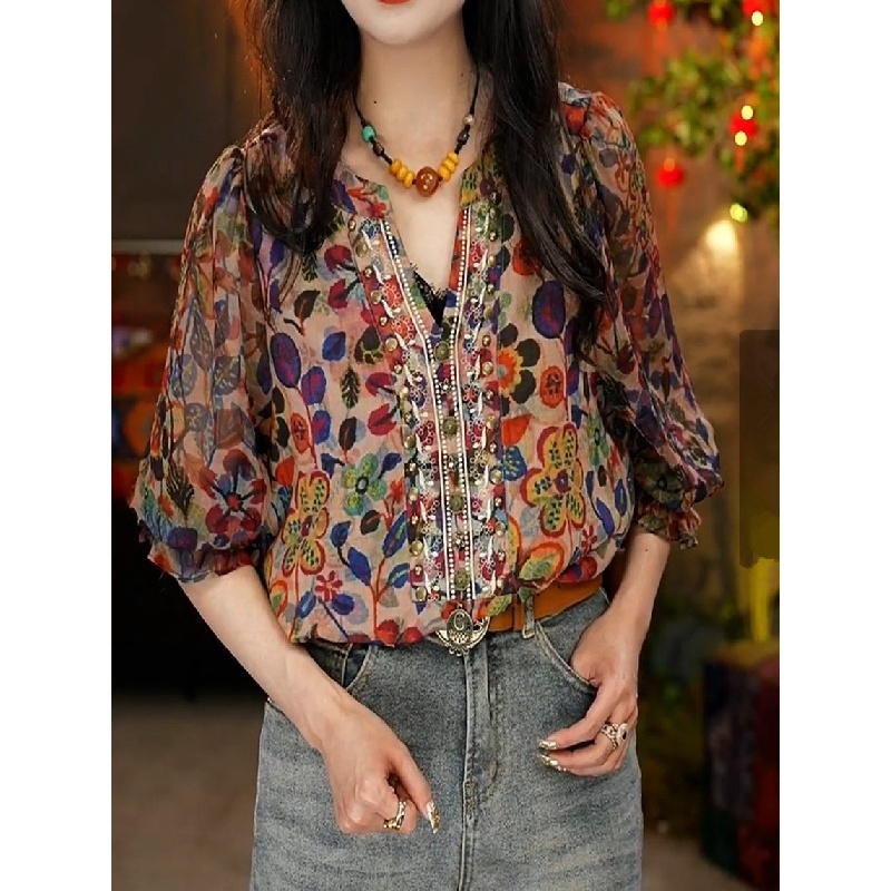Áo Sơ Mi Tay Ngắn Cổ Chữ v In Họa Tiết Dân Tộc Phong Cách Retro Dành Cho Nữ