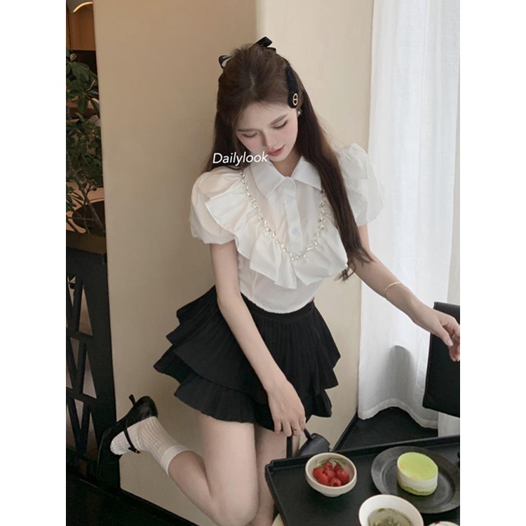 Áo Sơ Mi Ngắn Ôm Dáng Tay Phồng Cổ Polo Đính Đá Tinh Tế Thời Trang Mùa Hè Cho Nữ