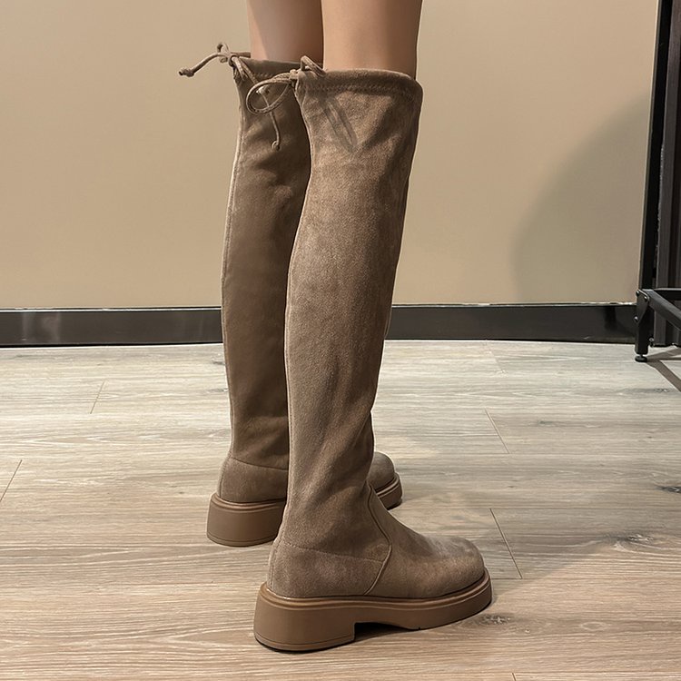 Giày Bốt Da Lộn Gót Dày Mũi Tròn Cột Dây Sau Lưng Chất Liệu Co Giãn Thoáng Khí Thời Trang Mùa Đông Cho