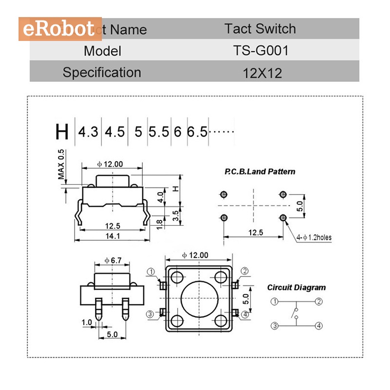 Set 20 Công Tắc Nhấn Mini 12x12 12 * 12 * 4.3mm 5mm 6 7 8 9 10 11 12 Mm 4Pin