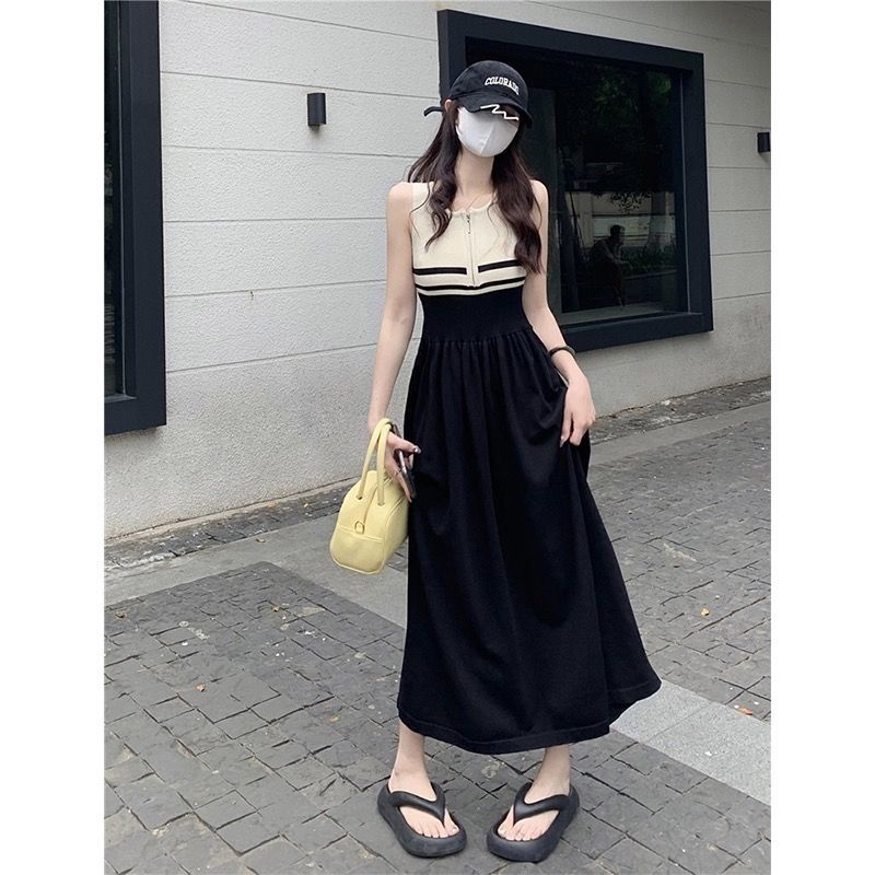 Đầm Midi Không Tay Màu Sắc Tương Phản Phong Cách Pháp Cổ Điển Thời Trang Mùa Hè Cho Nữ