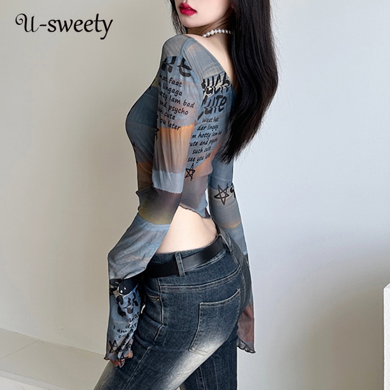 U-sweety women 2023 màu tương phản chữ in mỏng vừa vặn chéo cổ áo loe tay áo lưới see-through t-shirt