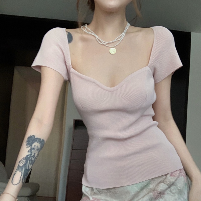 Spice girl hào phóng cổ áo cổ áo xương đòn đan t-shirt nữ joker slim áo sơ mi ngắn tay