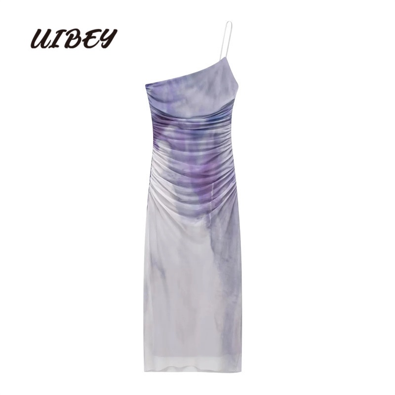Đầm UIBEY 8847 lụa in họa tiết thiết kế không đối xứng phong cách sexy cao cấp