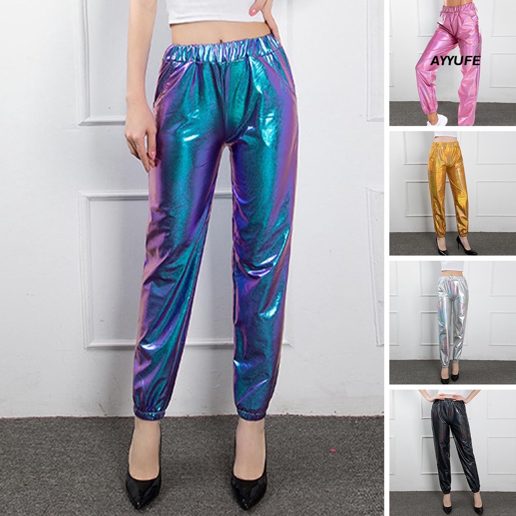 Ayyufe nữ quần cạp cao bóng thun eo mắt cá chân-banded slim fit clubwear biểu diễn sân khấu màu sắc lạ mắt quần hip hop harem