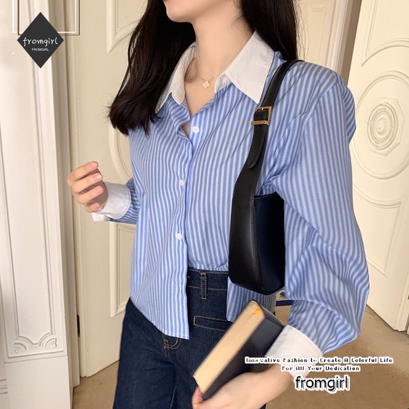 Autumn new temperament design sense blue and white stripes áo sơ mi dài tay đa năng phụ nữ hàng đầu