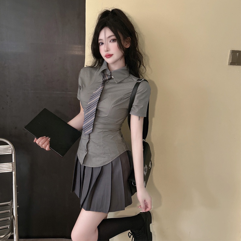 Áo Kiểu Xếp Ly Tay Ngắn Ôm Eo Màu Xám Quyến Rũ Dành Cho Nữ