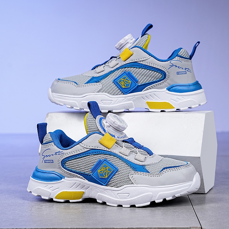 New boys sneakers mesh thoáng khí trẻ em ngoài trời giày thể thao thời trang nút xoay trẻ em giày đi bộ nhẹ