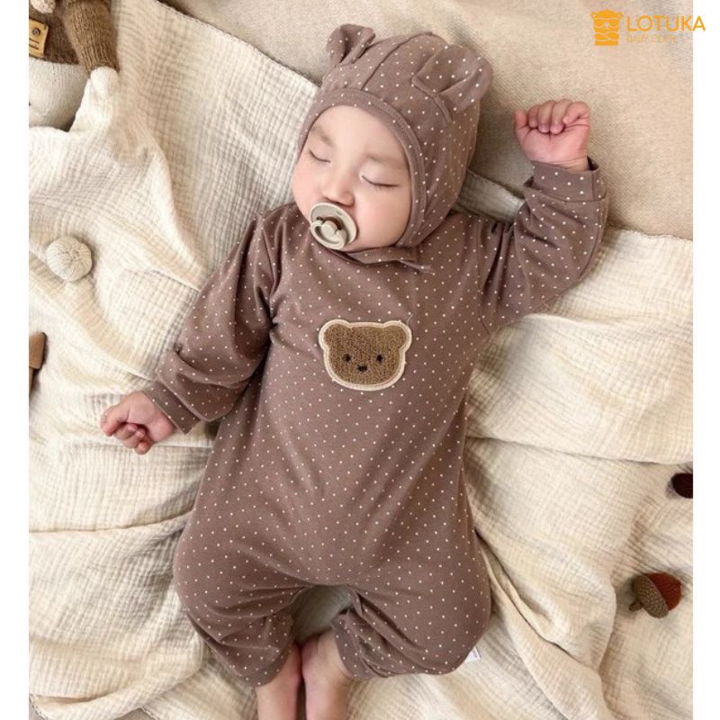 Bodysuit Dài Tay LOTUKA Cho Bé Trai Bé Gái, Body Thu Đông Đính Gấu Chất Liệu Mềm Mịn Cho Bé, Quần Áo Trẻ Em Size 3-12kg