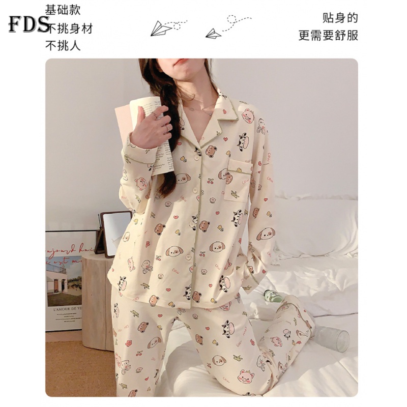 Bộ đồ ngủ FDS gồm áo tay dài và quần dài họa tiết cún dễ thương thời trang thu đông thoải mái dành cho nữ