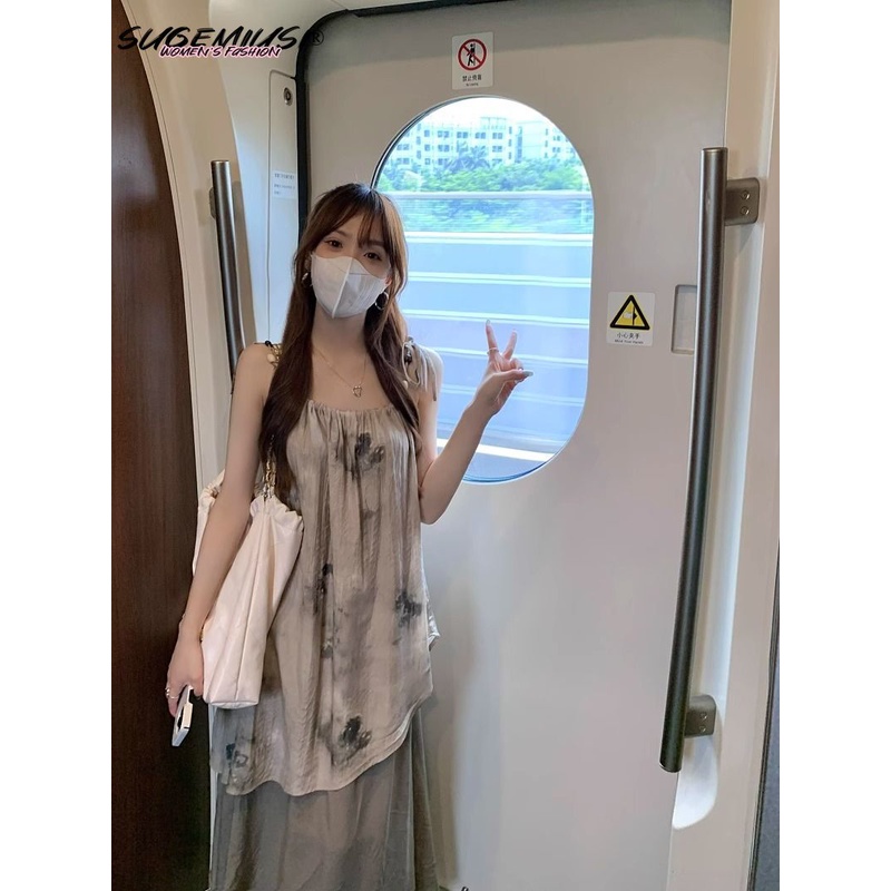 Sugemiusi Đầm Hai Dây Nhuộm Màu Phong Cách Pháp Thời Trang Mùa Hè Cho Nữ