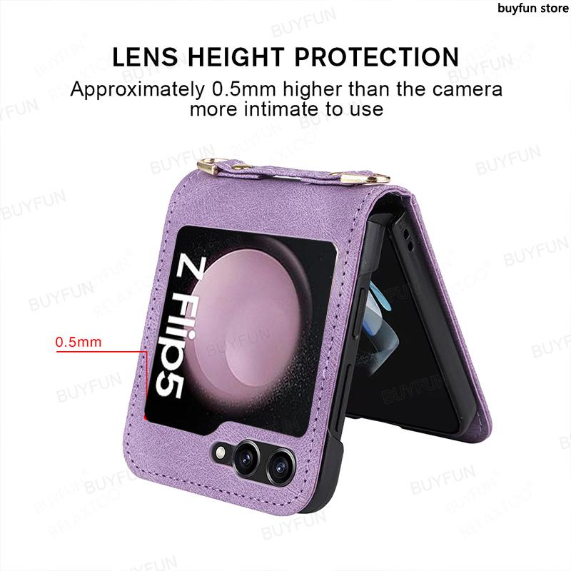 Shockproof Card Slot Leather Case for Samsung Galaxy Z Flip 5 5G zflip5 Anti-Scratch Protective Phone Cover with Lanyard