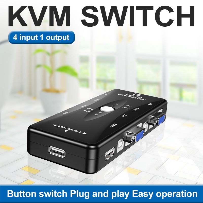 4 cổng vga kvm switch 1080p usb2.0 vga splitter mouse keyboard printer pendrive share switcher box adapter 2 in 1 out kvm switch