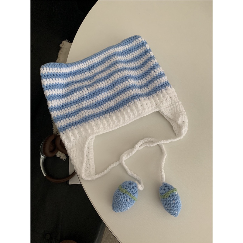 Ya Yabi Mũ Len Dệt Kim Chui Đầu Đính Quả Bông Tròn Kẻ Sọc Thủ Công Phong Cách Yabi Cho Nữ Linna