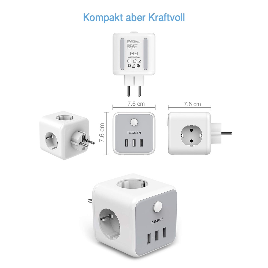 Bộ chuyển đổi nguồn ổ cắm tường tessan châu âu với 3 ổ cắm ac & 3 cổng usb, công tắc bật / tắt dải nguồn hình khối màu đen cho gia đình