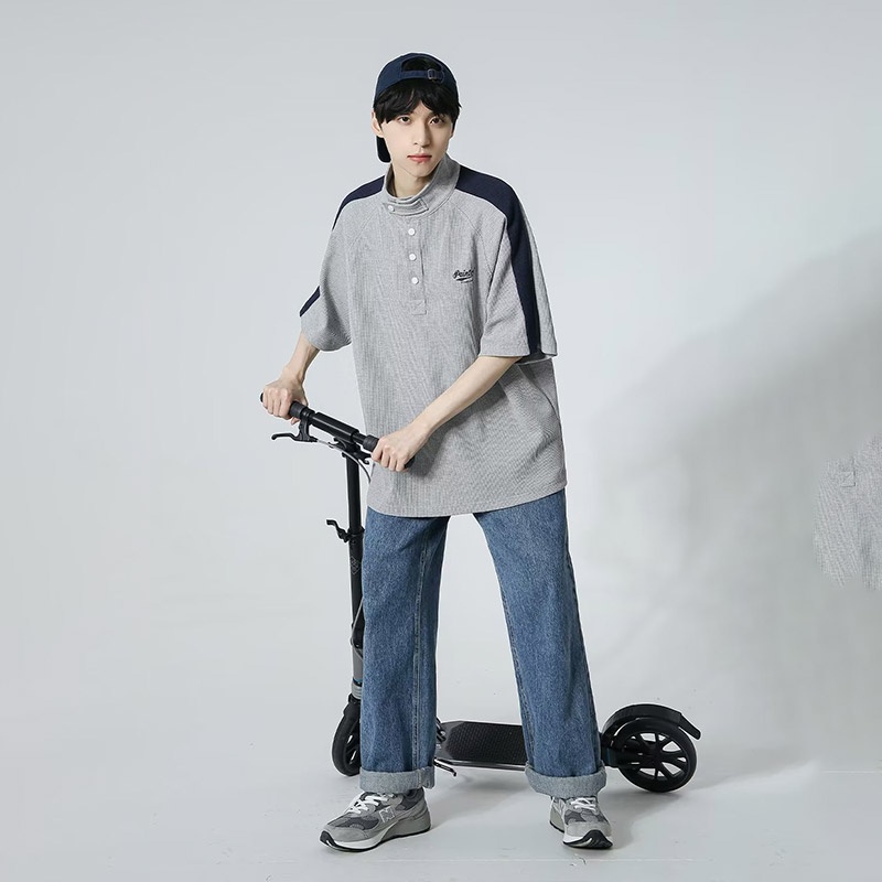Áo polo Ngắn Tay Dáng Rộng Phối Màu Tương Phản Cá Tính Cho Nam