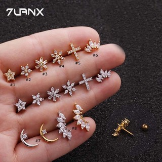 1 Bông tai 7UANX inox 16gauge xỏ tragus helix pinna hình hoa ngôi sao thánh giá vương miện